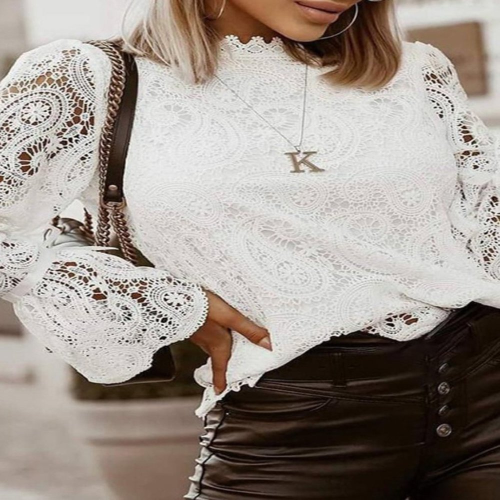 Sheer Lace Mock Neckline Long Sleeve Top - Picture 4 of 5